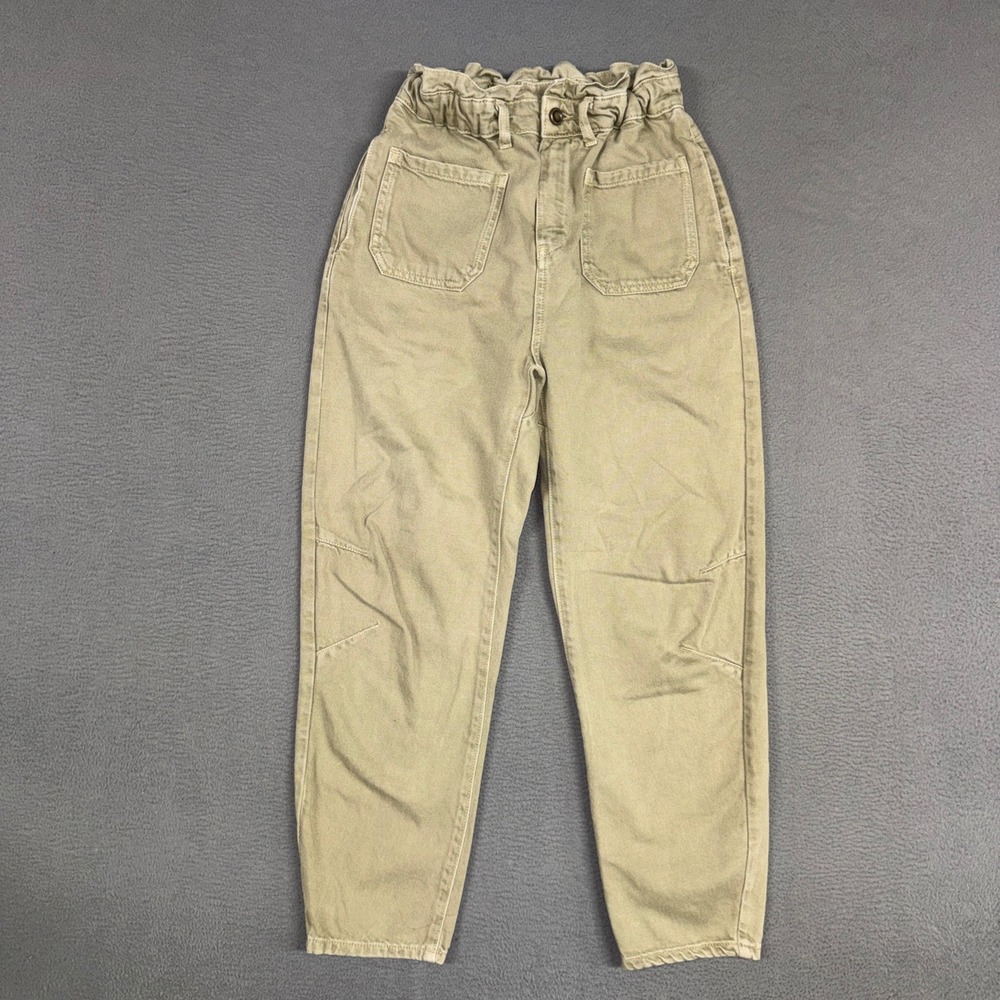 Zara Pants Womens 4 Brown Paperbag Waist High Rise Tapered Cotton Stretch Preppy